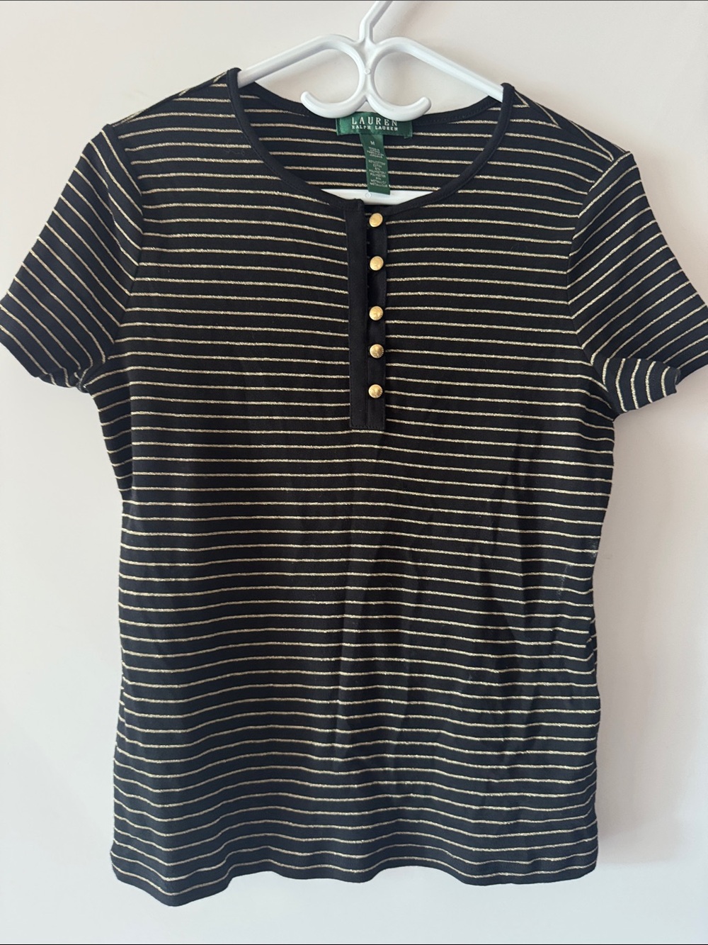 Like new Ralph Lauren Black Tee with Gold Stripes and Buttons
